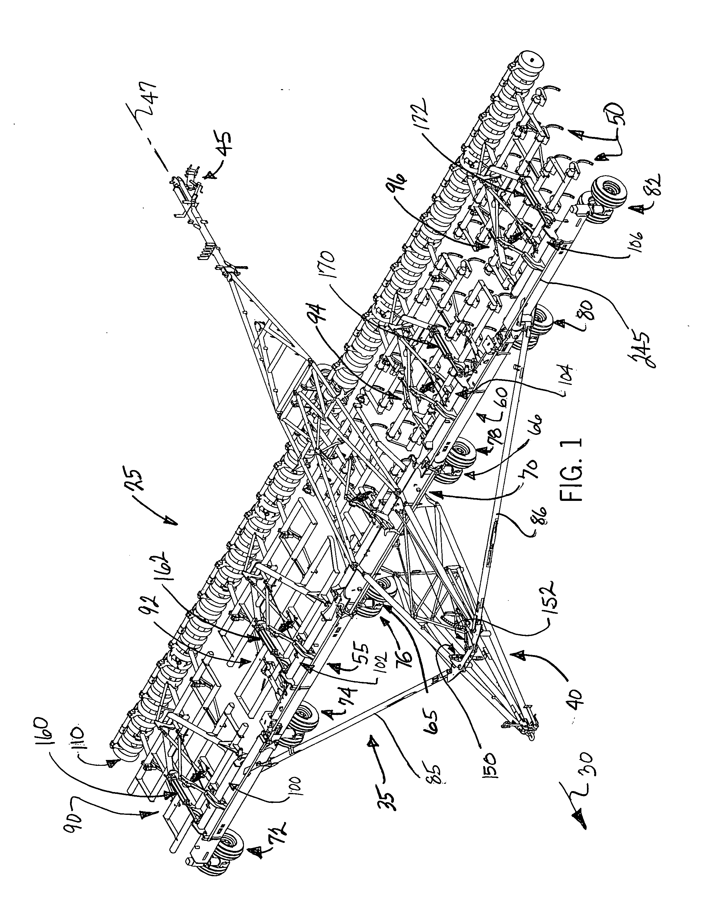 System for and method of moving an agricultural implement between a folded, inoperative position and an extended, operative position