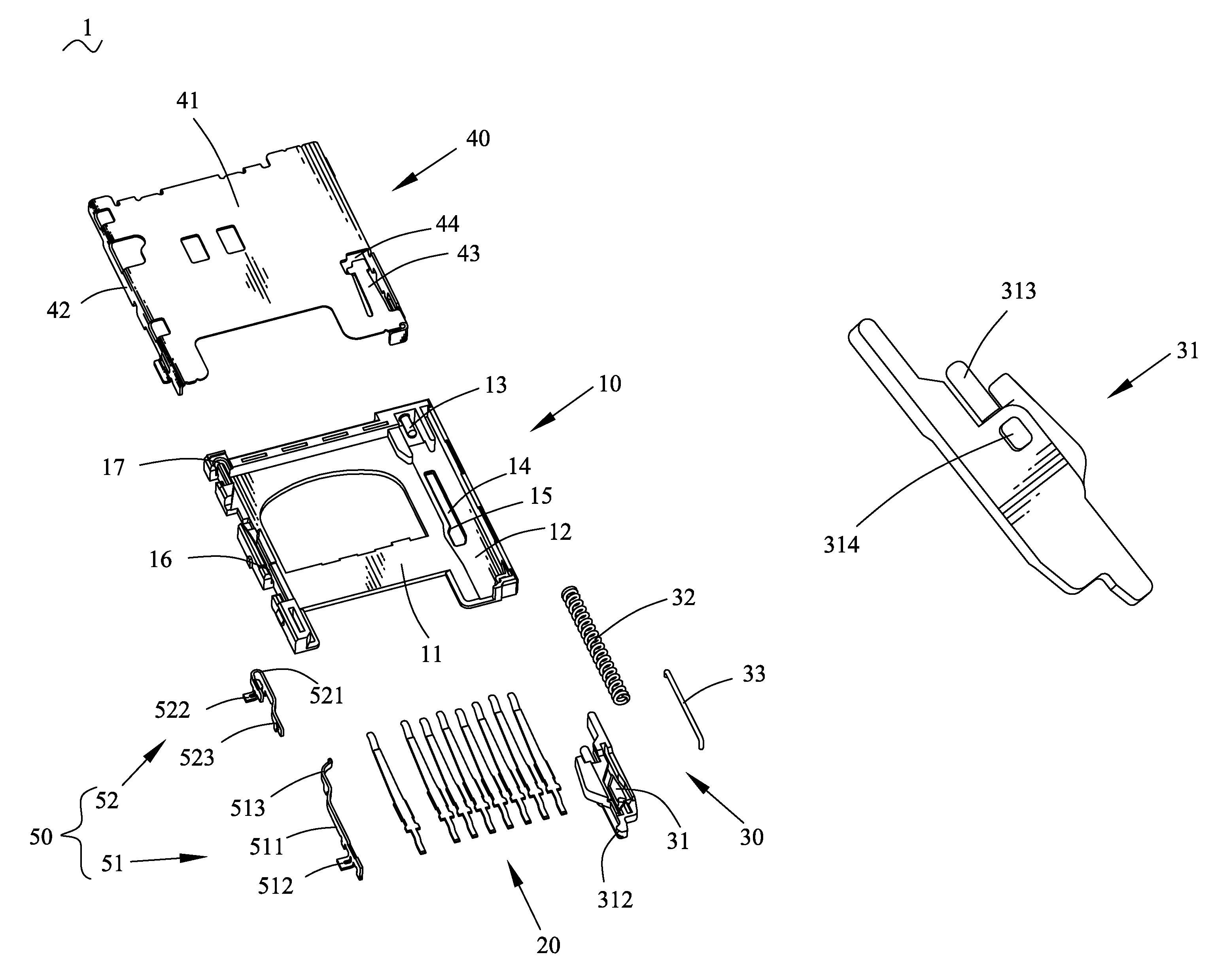 Card connector with a housing with a guiding slot engaging a protruding block of a sliding device