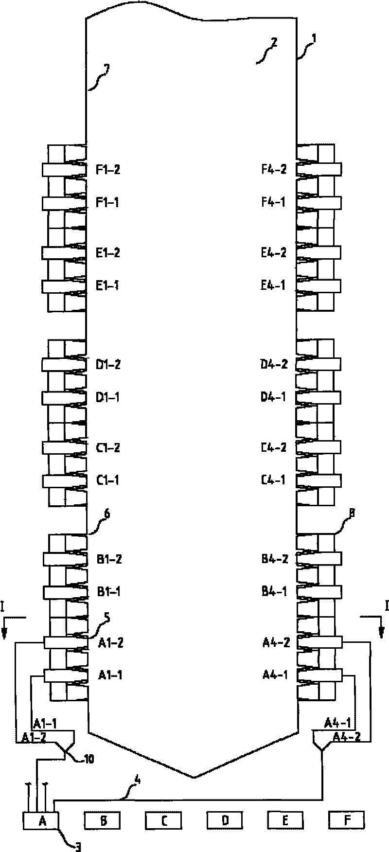 Hexagonal or octagonal tangential arrangement of anthracite burning single-fireball direct-flow combustors