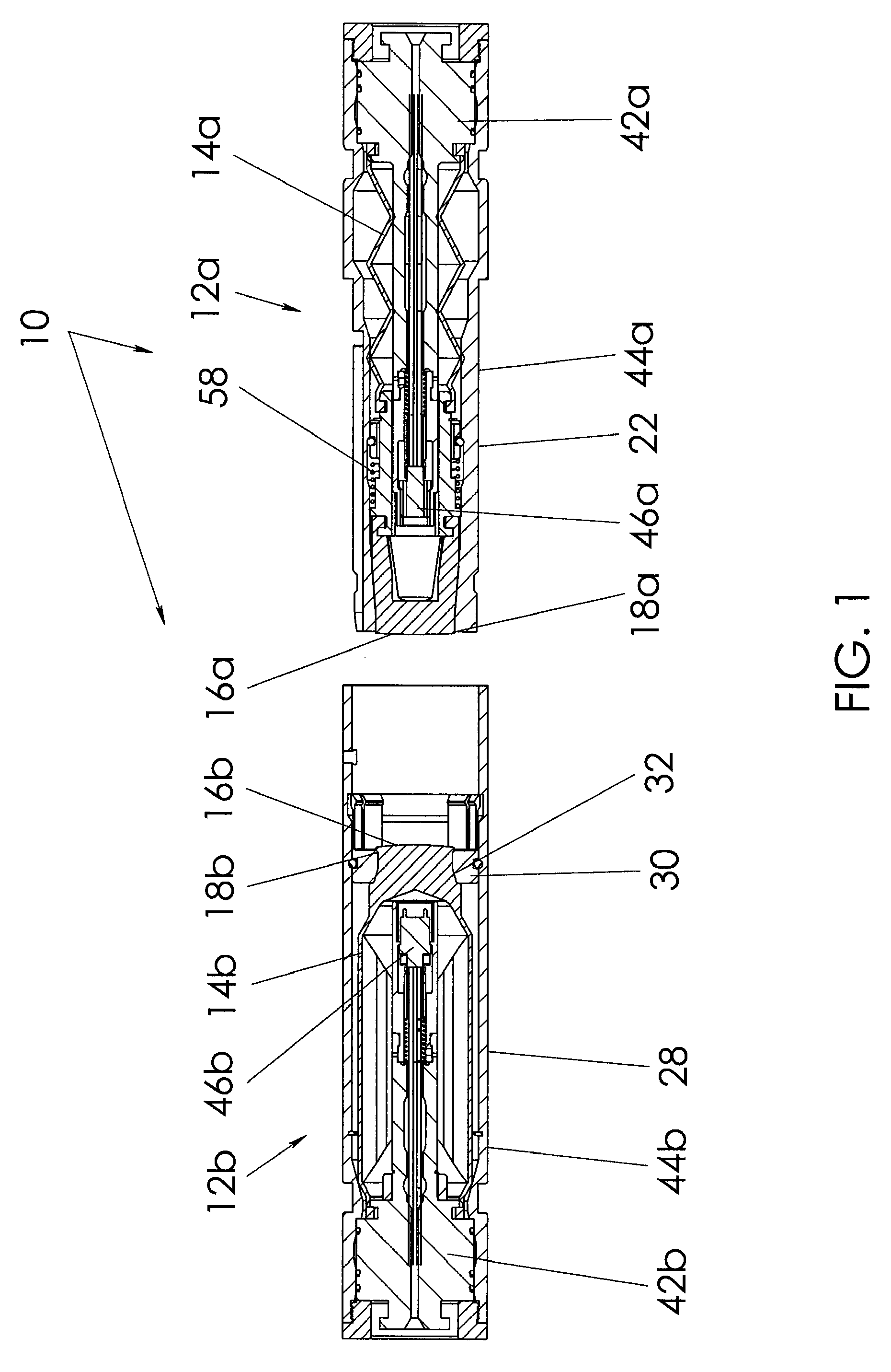 Connector including circular bladder constriction and associated methods