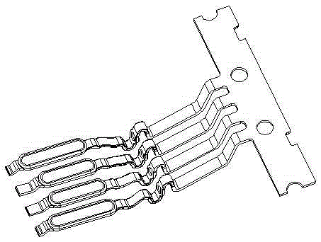 A continuous stamping die for manufacturing communication connector terminals of belt threading equipment