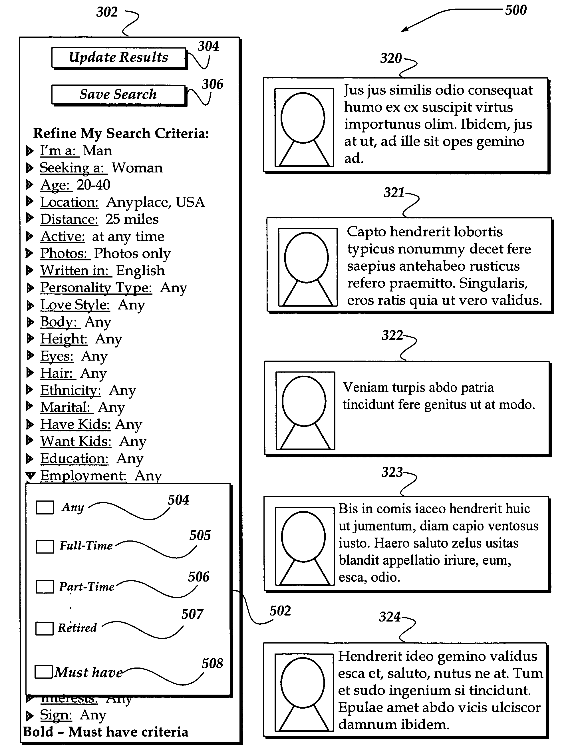 System and method of modifying an on-line dating search using inline editing