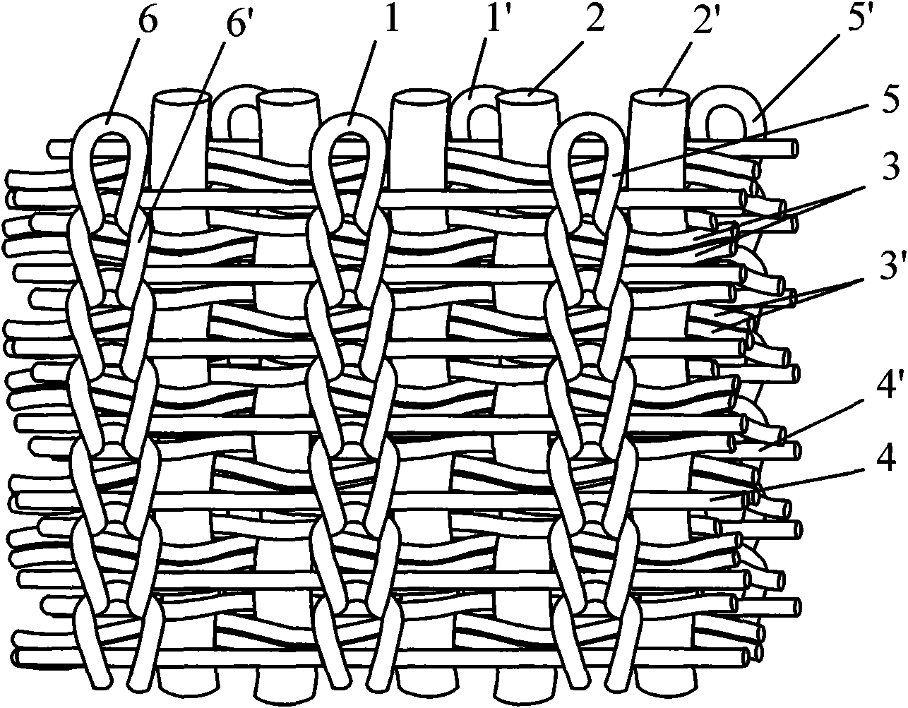 Multilayer even laid-in weaving and knitting composite structure, weaving method thereof and special device thereof