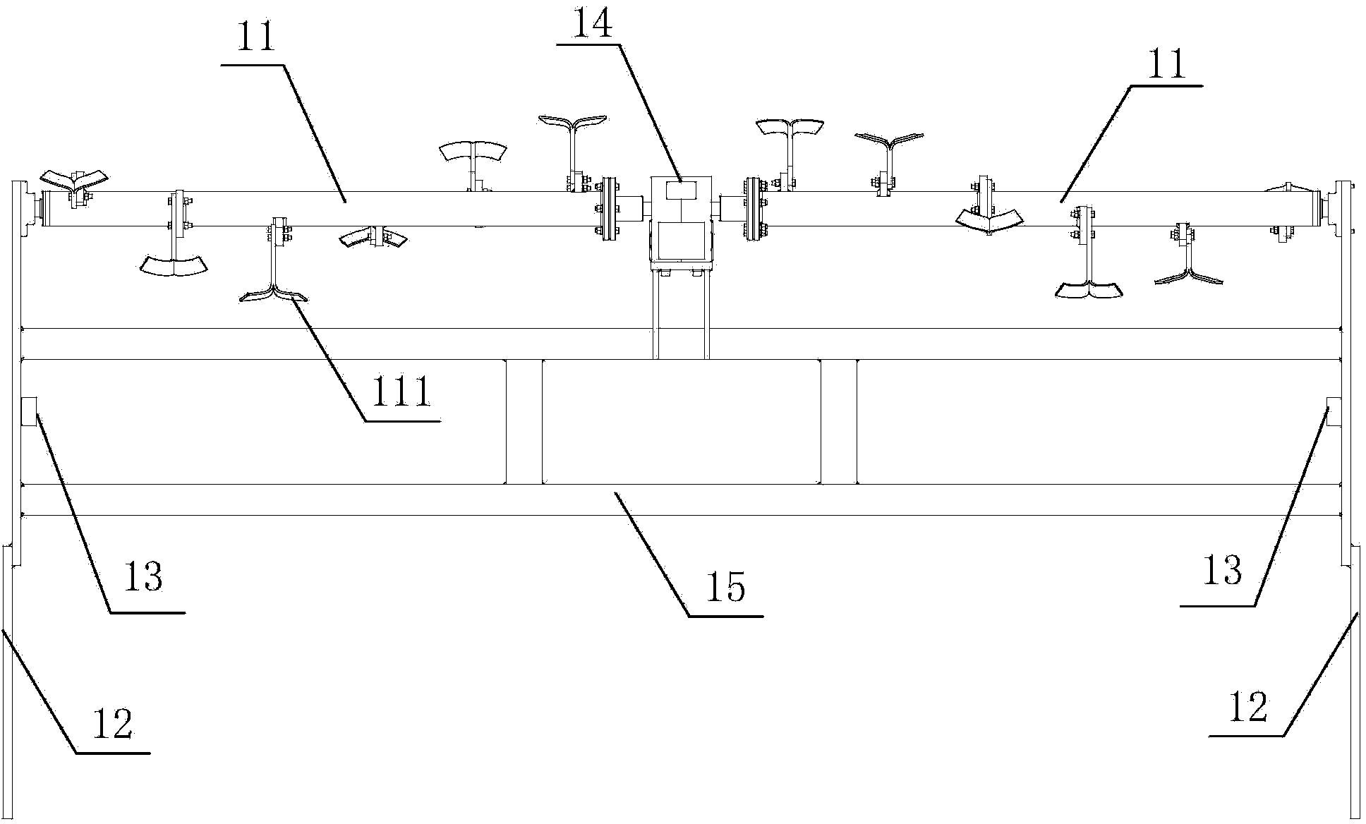 Arch breaking device of groove type turning machine for conversion from mushroom dregs to humus by biological fermentation