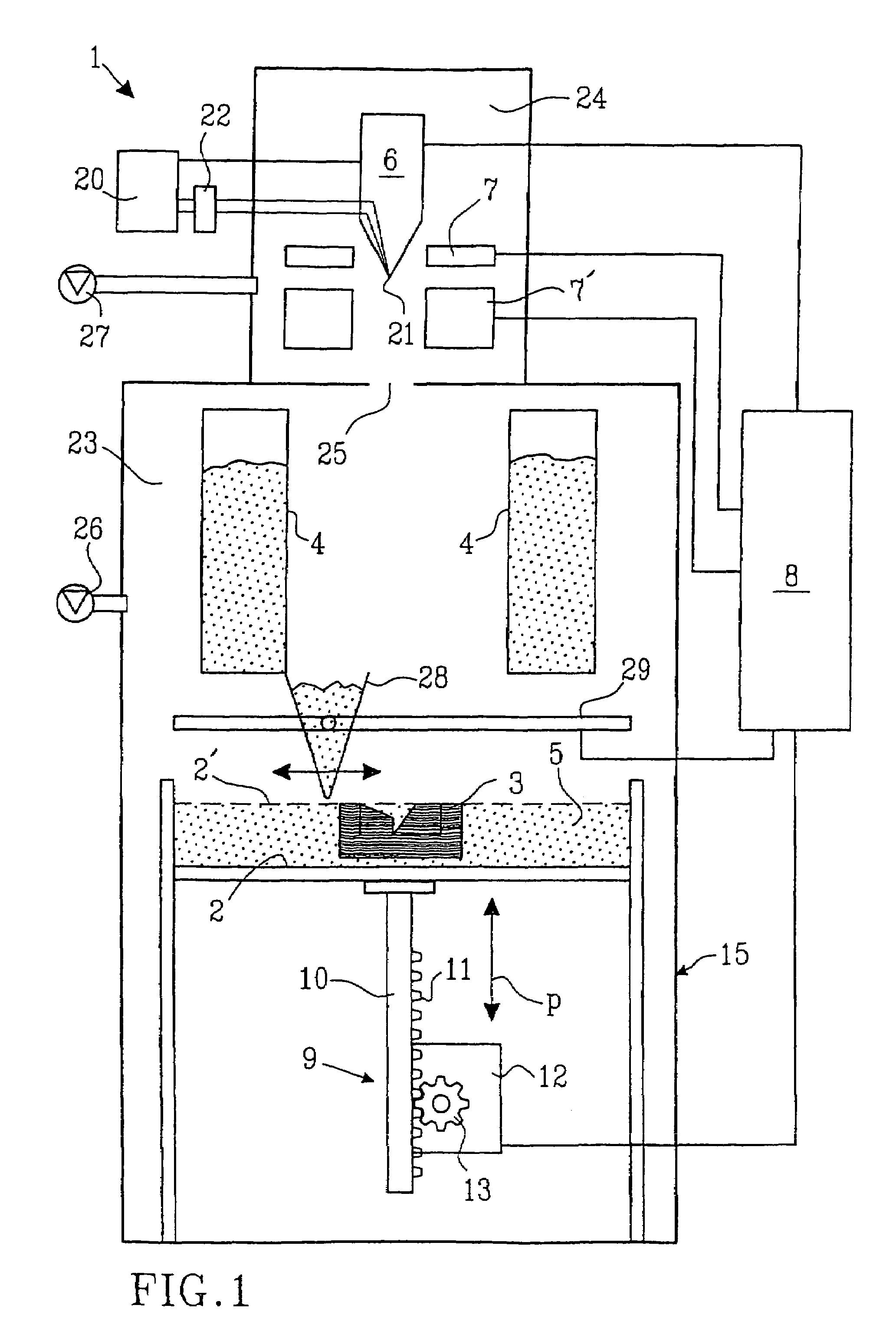 Device and arrangement for producing a three-dimensional object