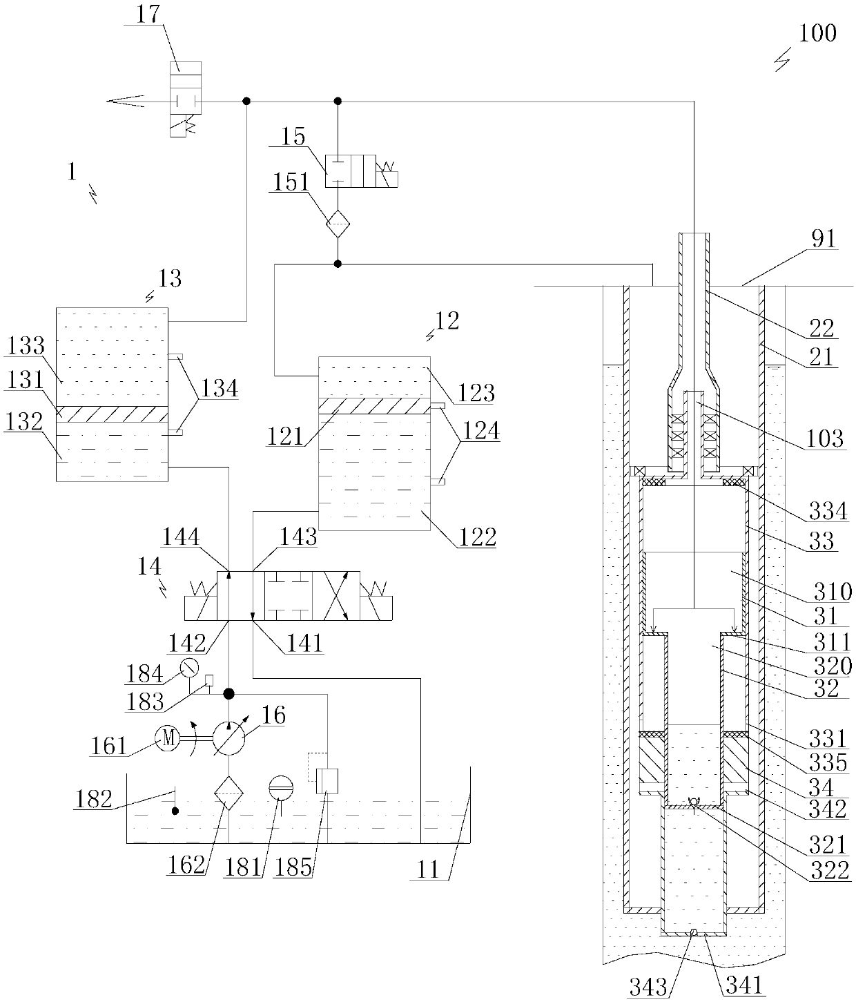 Liquid-automatically supplemented rodless liquid-driven oil production device and oil production method