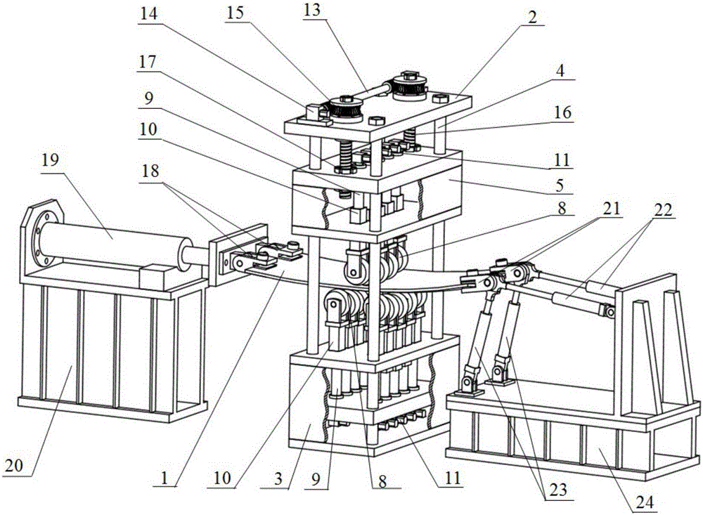 Continuous forming device for metal composite thick plate three-dimensional curved surface