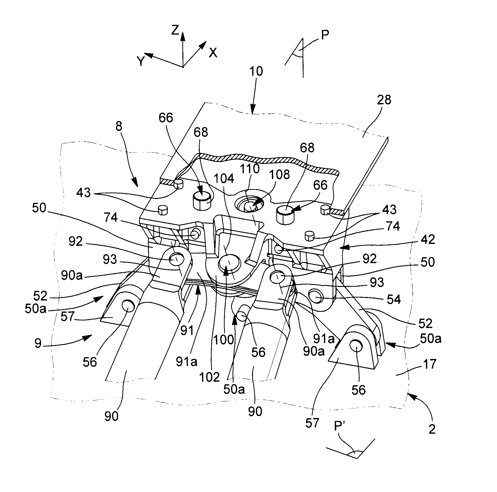 Engine mounting structure for aircraft having a beam spreader connected at four points