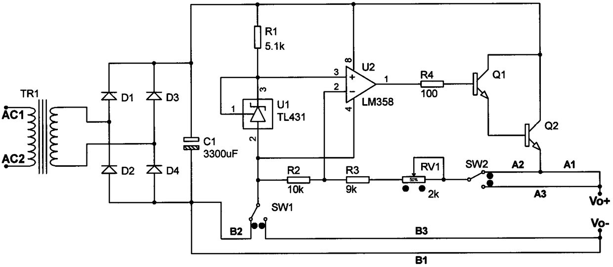 Teaching demonstrating device for linear direct current voltage-stabilizing power supply