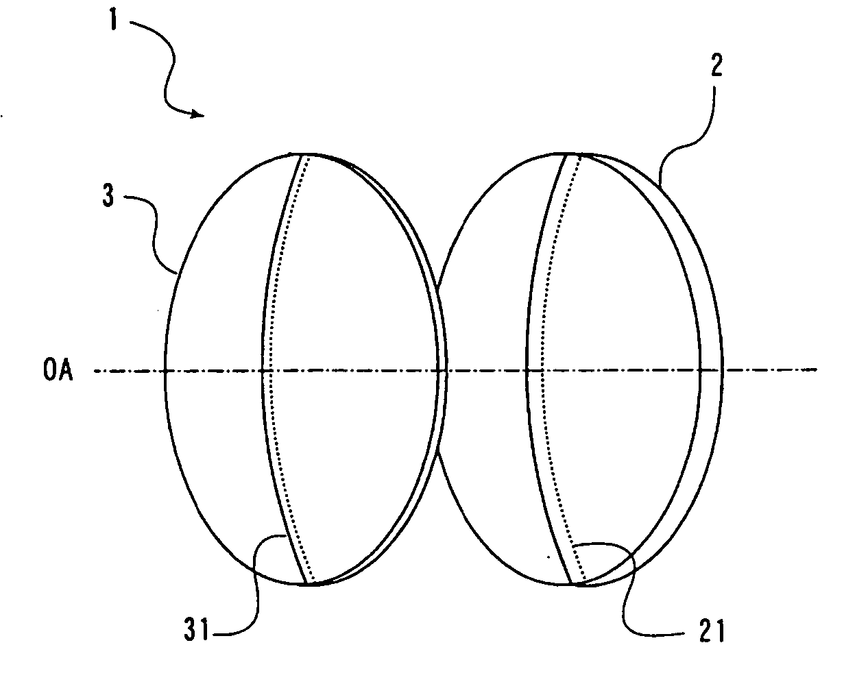 Combined spectacle lens, auxiliary lens, and method of edging lenses