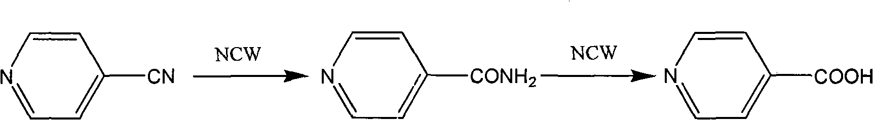 Method for preparing isonicotinic acid and pyrazinamide by non-catalytic hydrolyzing isonicotinonitrile in near-critical water medium