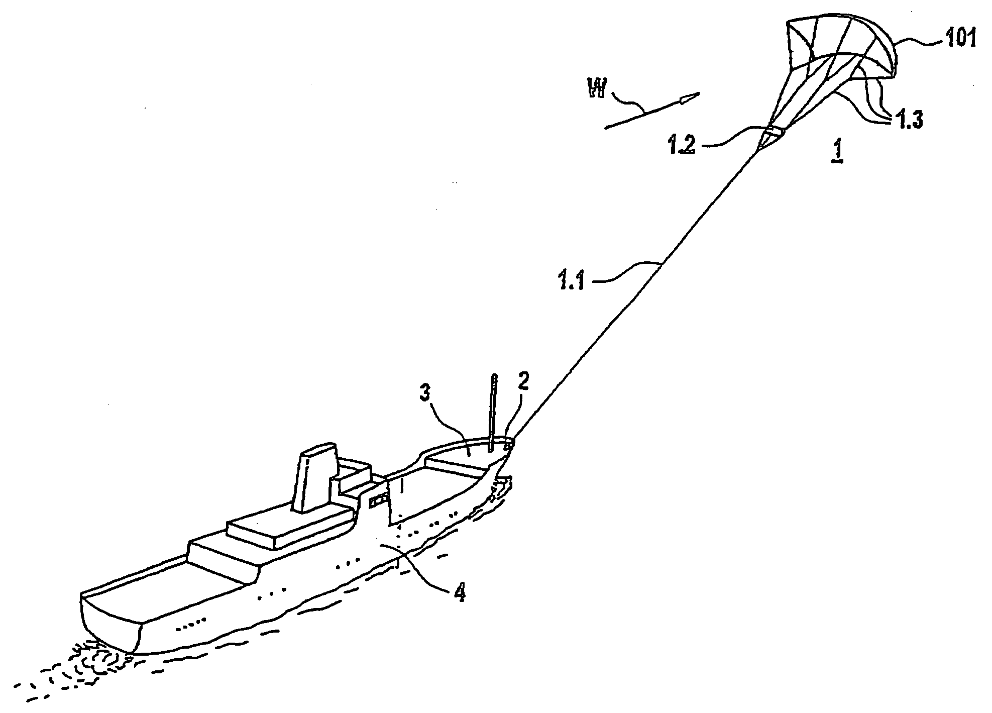 Placement system for a flying kite-type wind-attacked element in a wind-powered watercraft