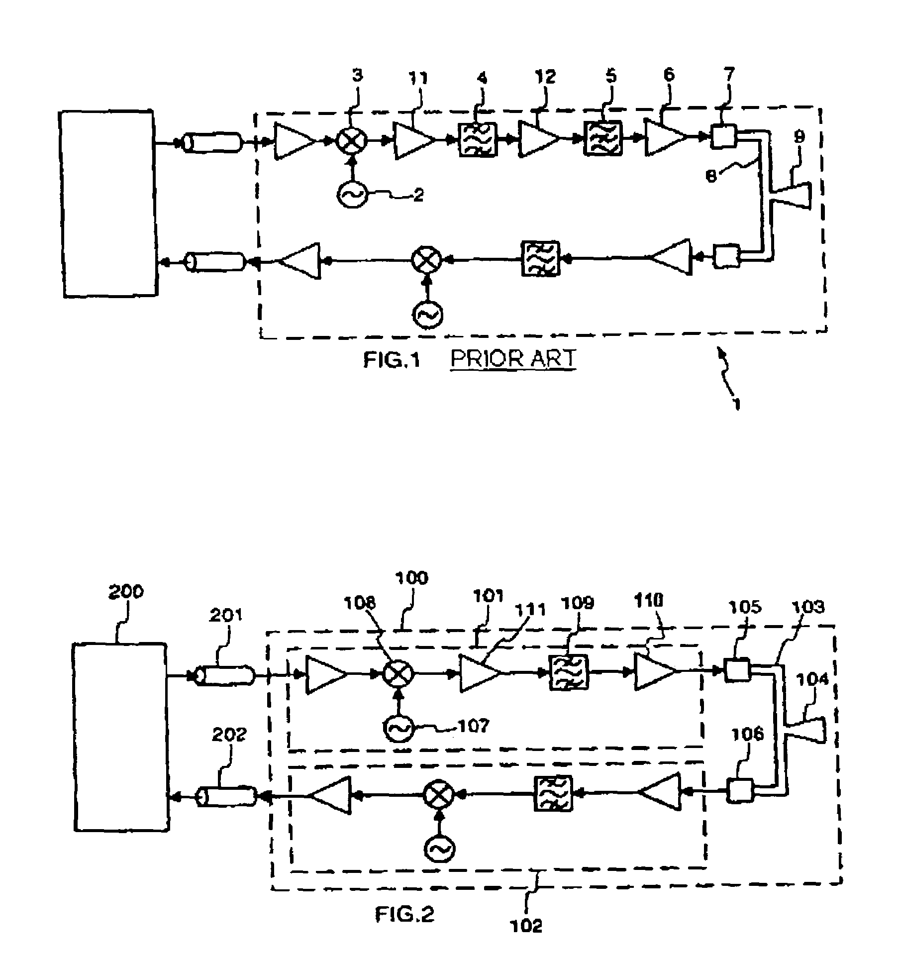 Transition between a microstrip circuit and a waveguide including a band stop filter and outside transmission reception unit incorporating the transition