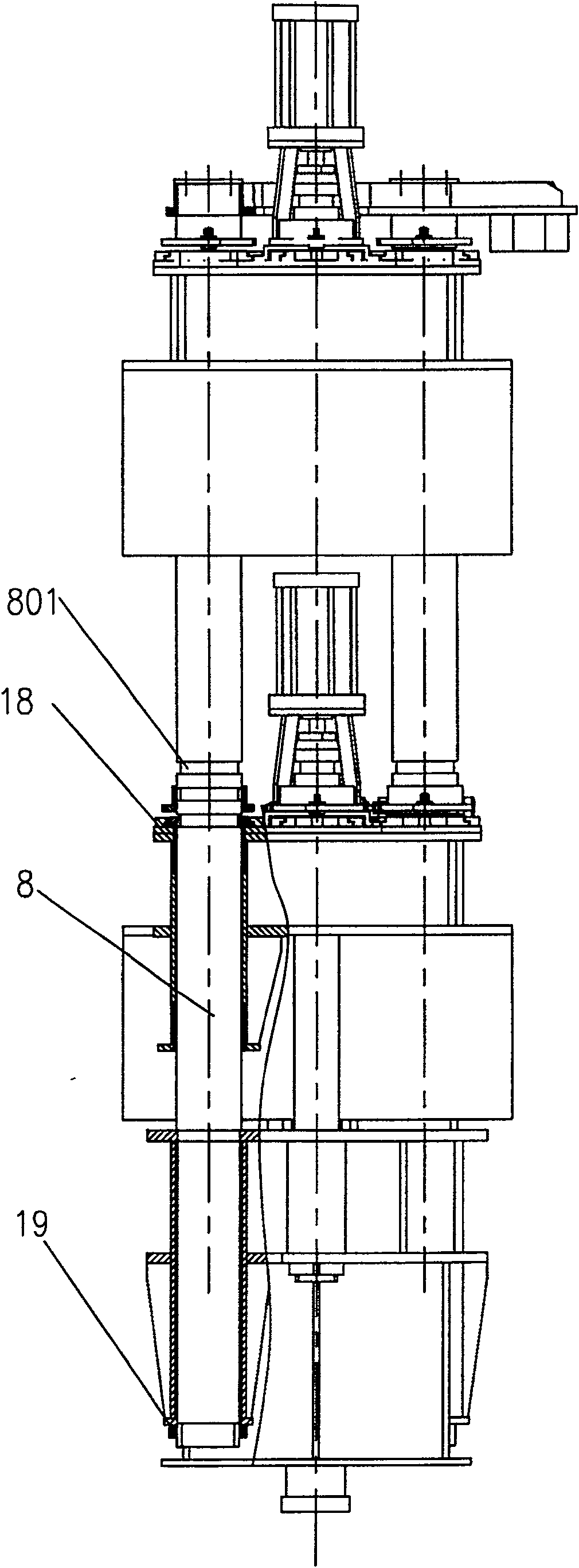 Hydraulic tyre vulcanizing machine in column type strap clamp locked mould mode, and method for adjusting mould