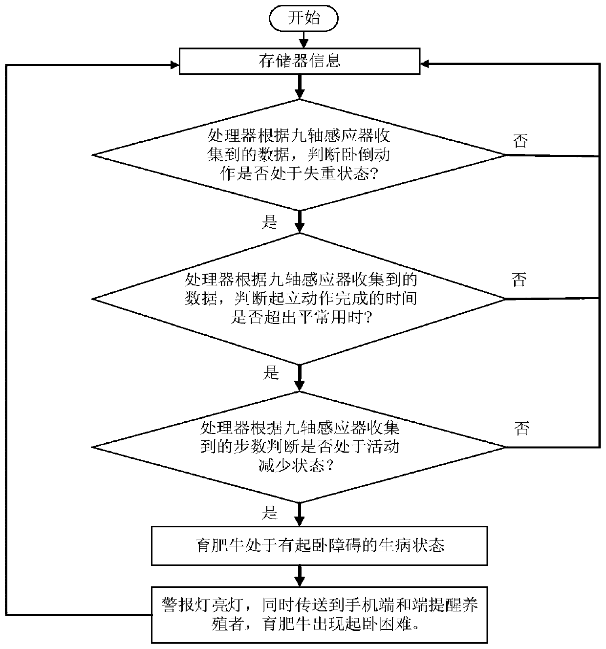 Health monitoring device for raising and lying of fattening cattle