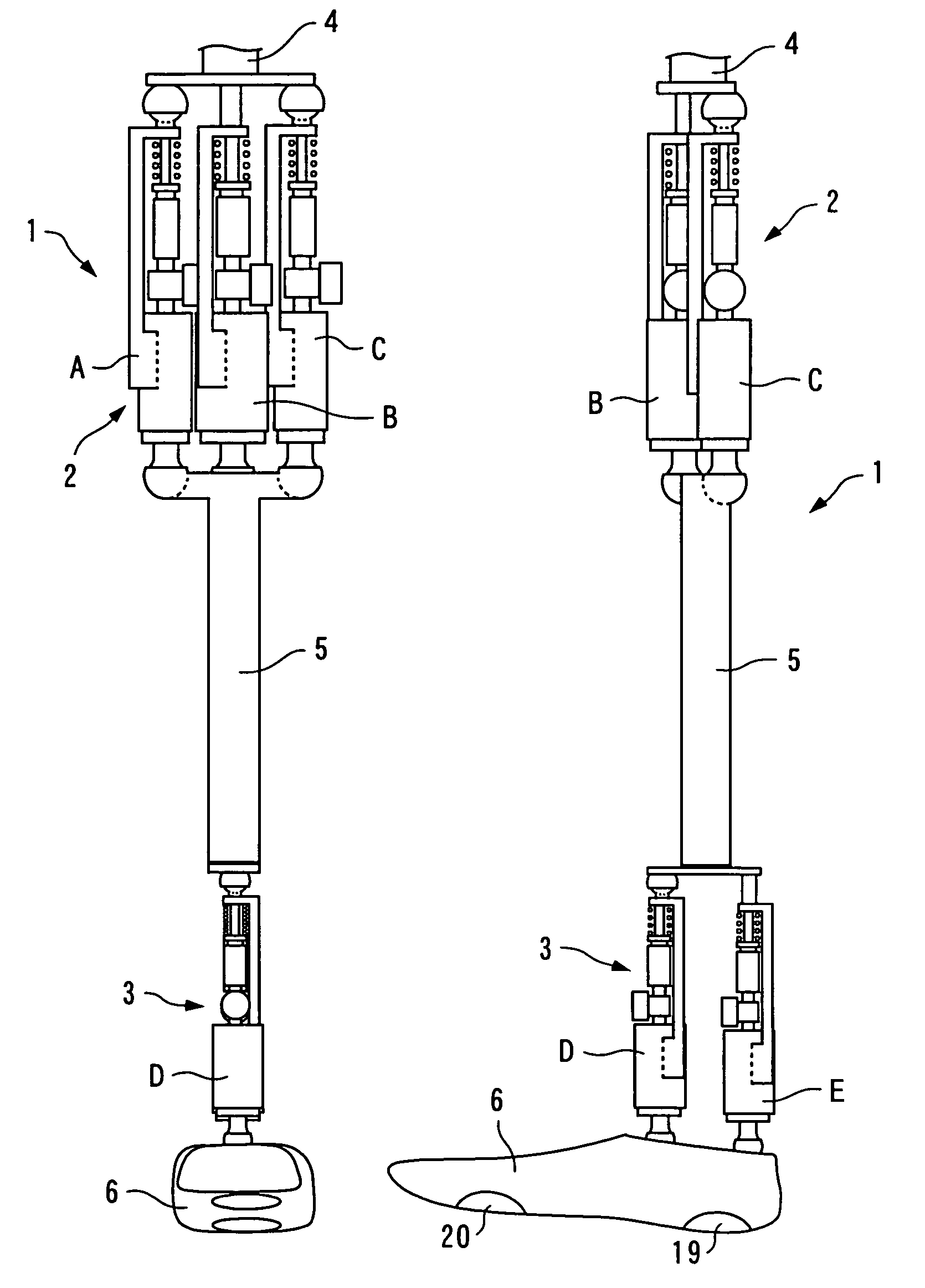 Joint device for artificial leg, method of controlling the joint device, and control unit