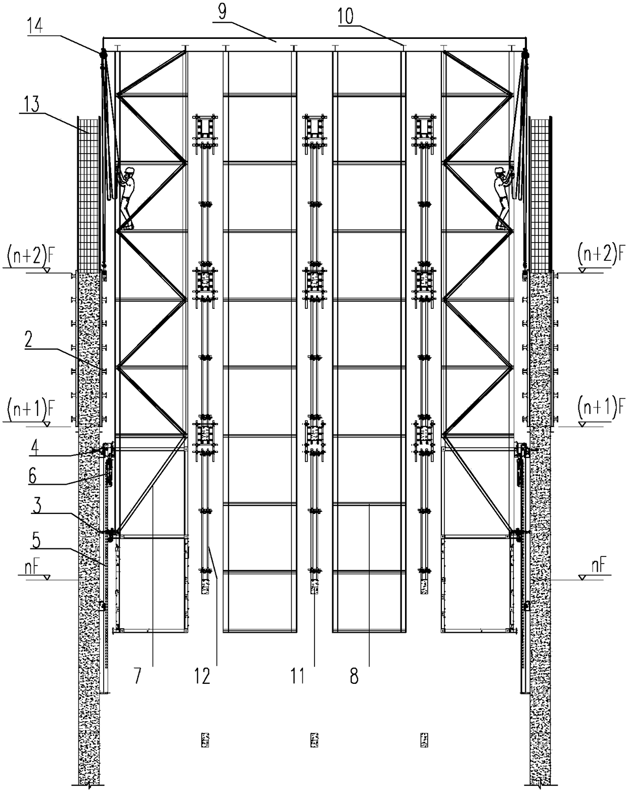 Concrete-overhead-beam crossing self-climbing integrated drum rack system and construction method thereof