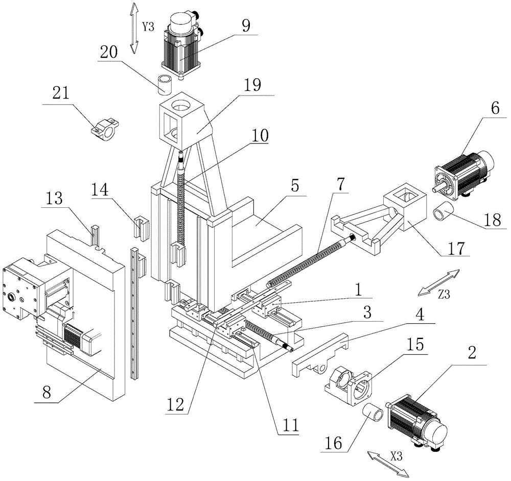 Crossed slider third axis set mechanism matched with positive-axis mechanism on numerical control turn milling main shaft box moving machine