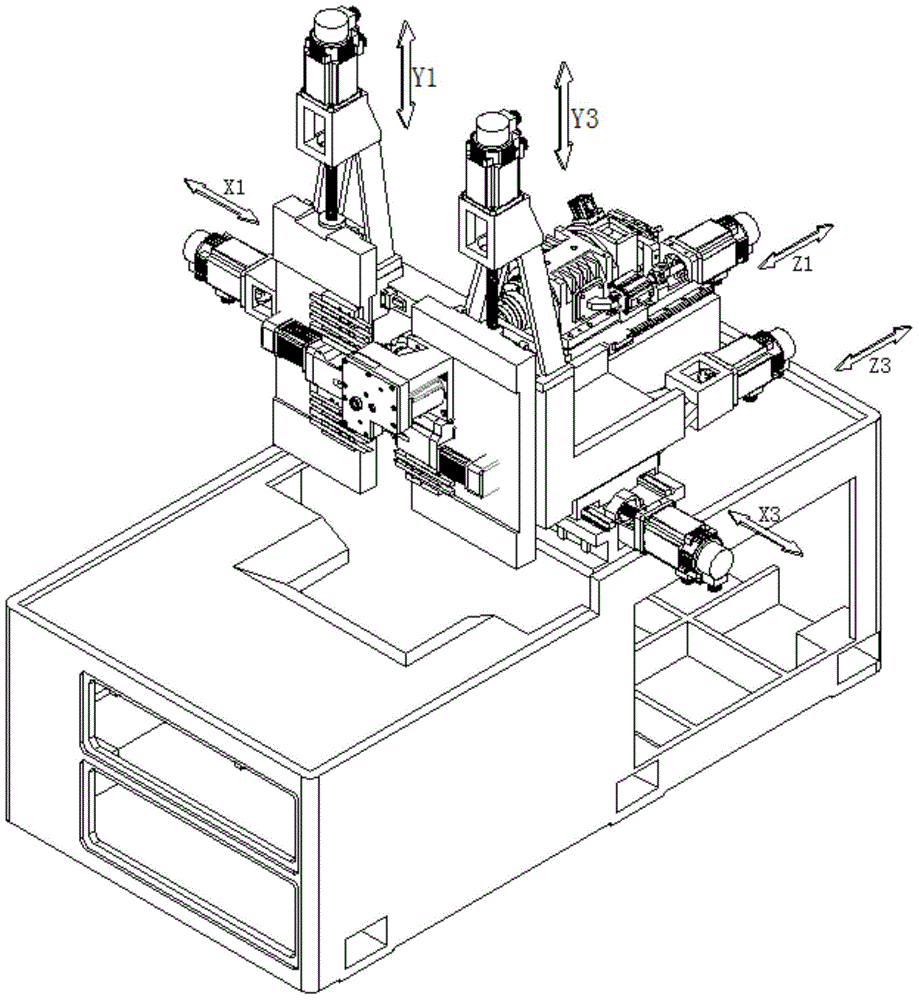 Crossed slider third axis set mechanism matched with positive-axis mechanism on numerical control turn milling main shaft box moving machine