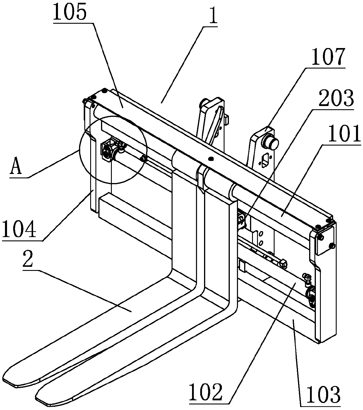 Hydraulic distance adjusting fork for forklift truck