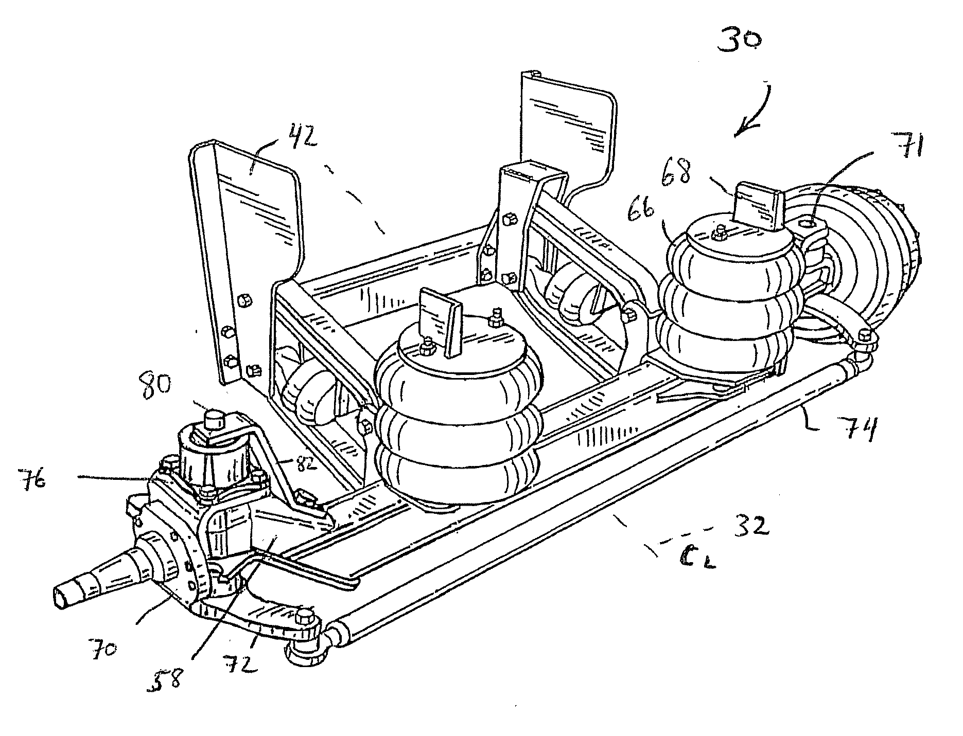 Self-steering axle suspension system having a rotary stabilizer