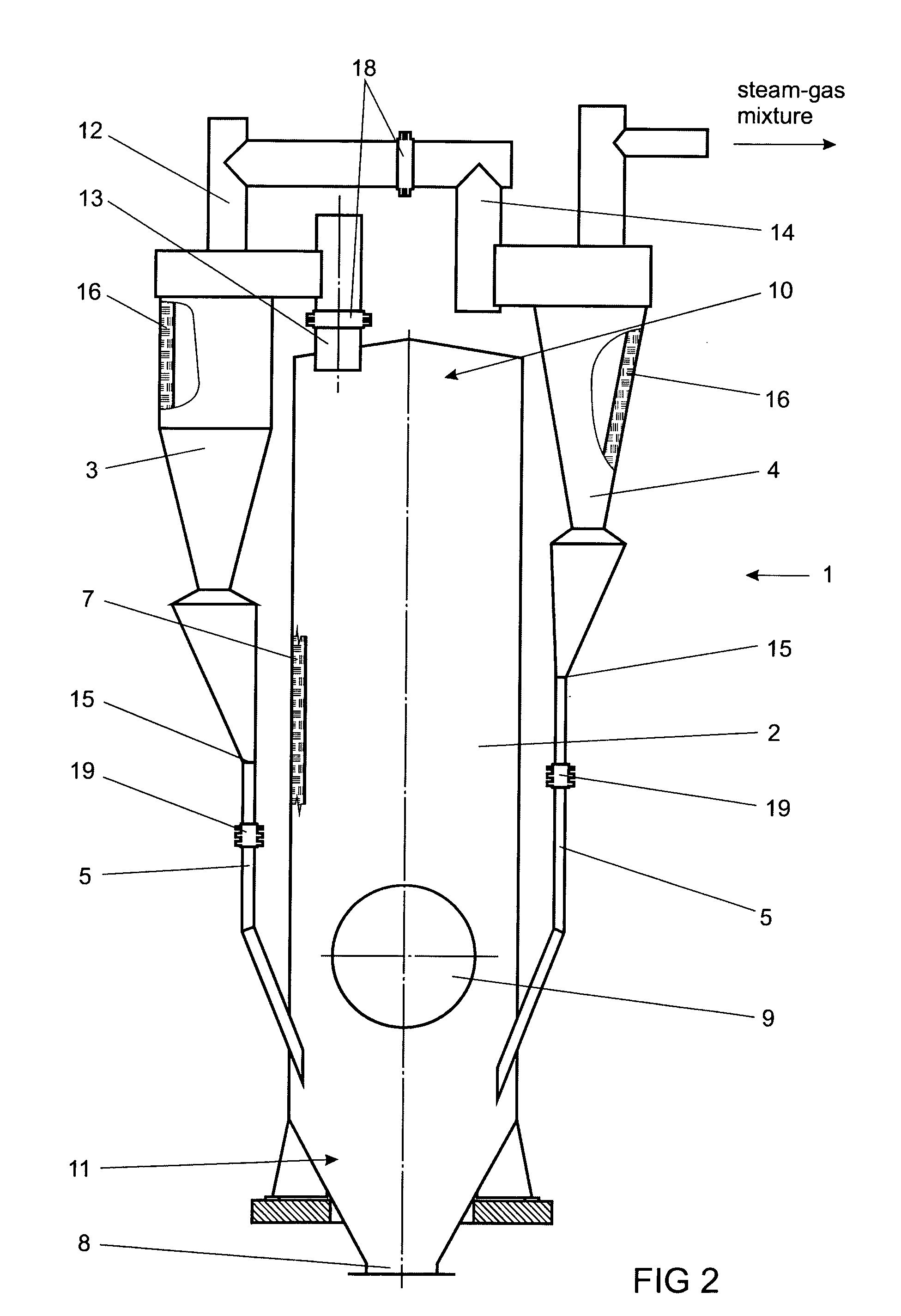 Separator of solid particles from steam-gas mixture