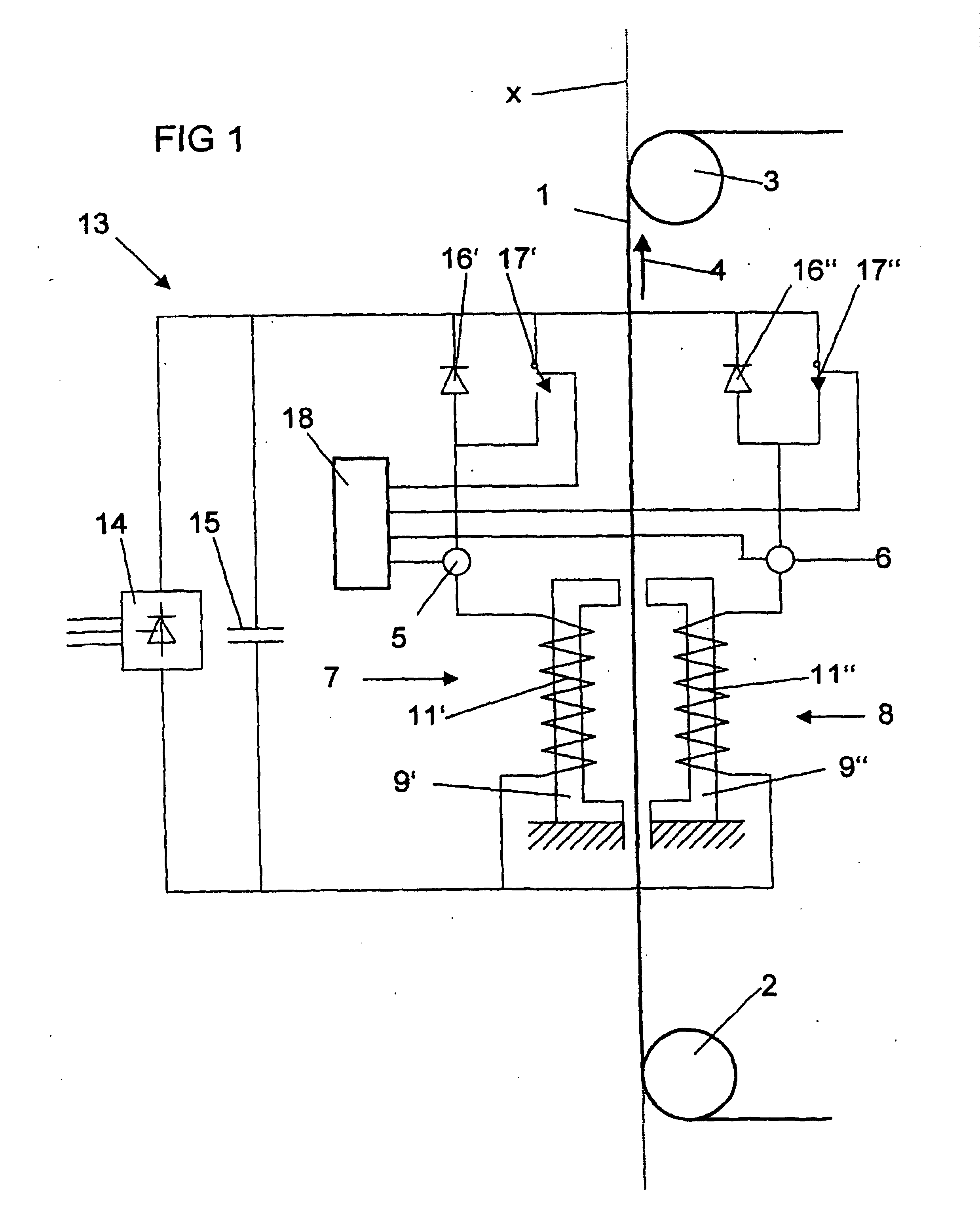 Device and a method for stabilising a web or a filament of ferromagnetic material moving in one direction