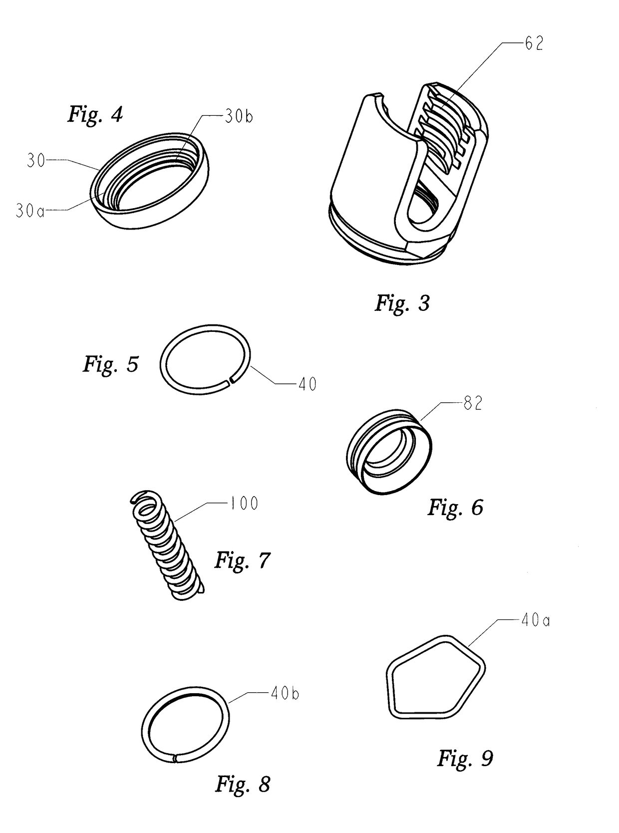 Spring clip-bottom loading polyaxial ball and socket fastener