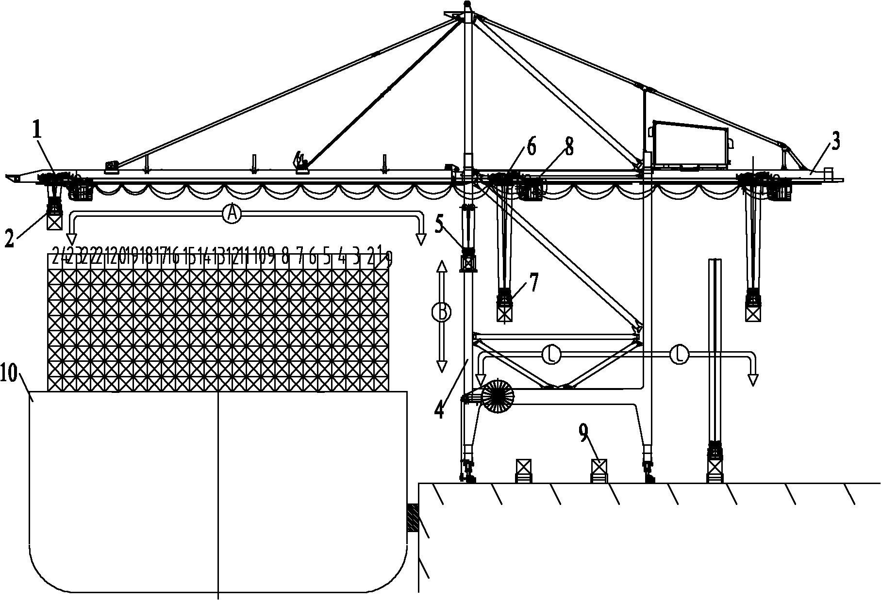 Container crane and method for loading and unloading containers using crane