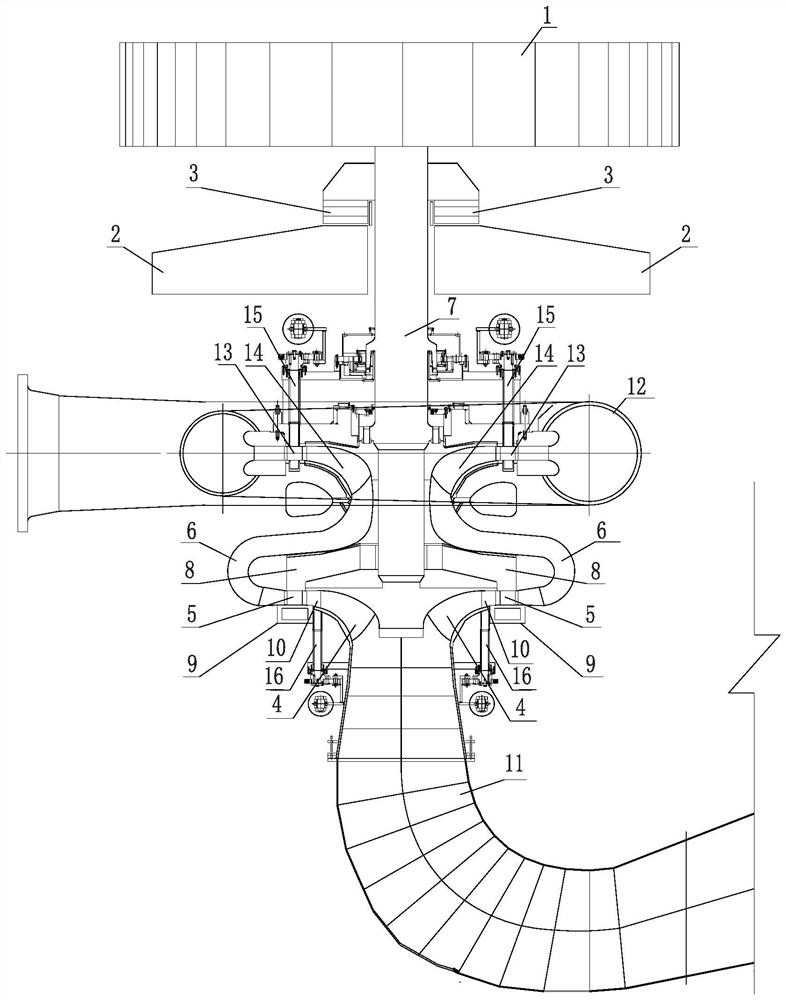 Composite shafting supporting method for two-stage runner of vertical two-stage mixed-flow water turbine