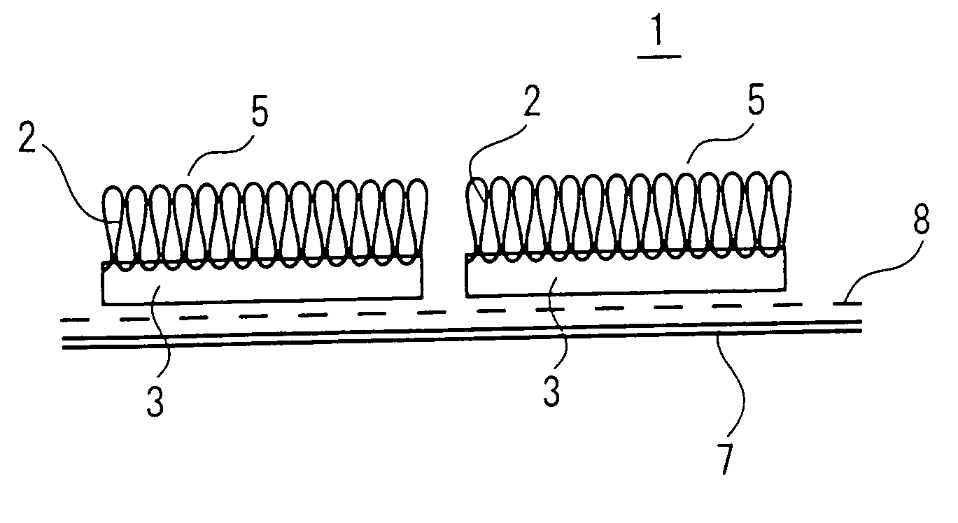 Sheet material, block-like sheet material, method of manufacturing sheet material and method of separating fiber-formed layer unit and backing layer from tile carpet and recovering the unit and the layer