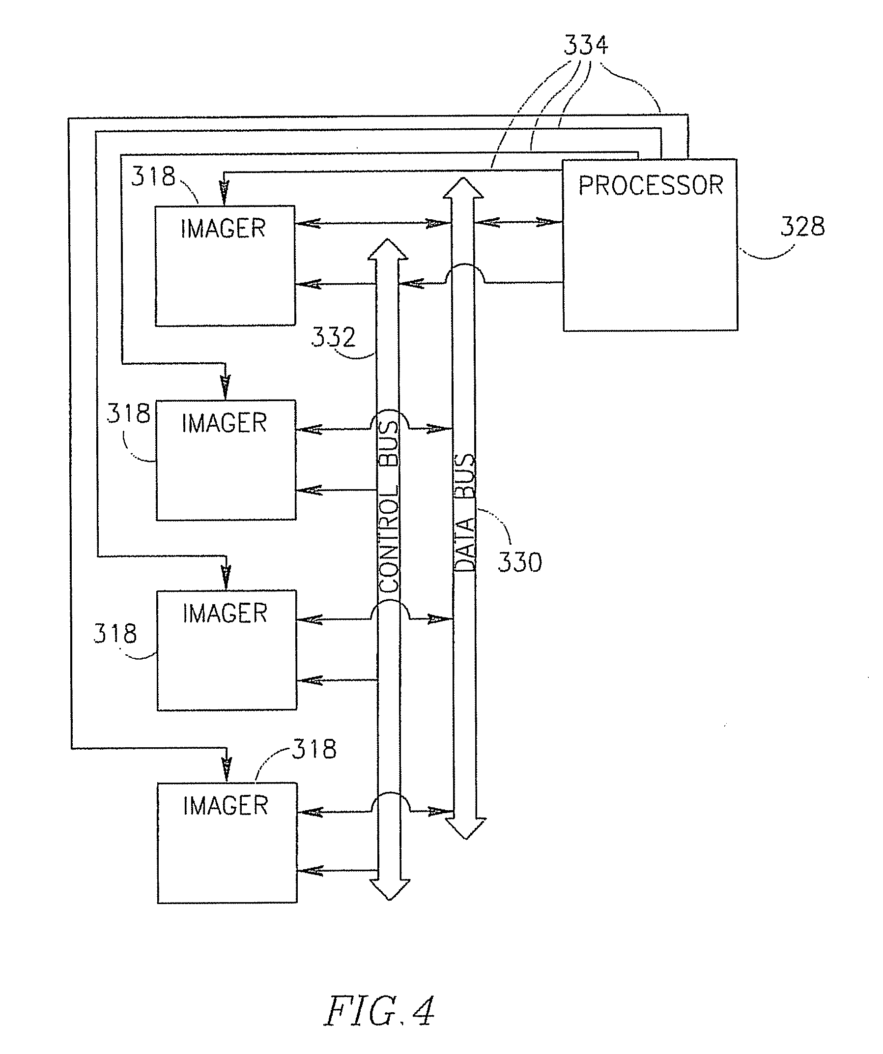 In-vivo sensing device and method for communicating between imagers and processor thereof