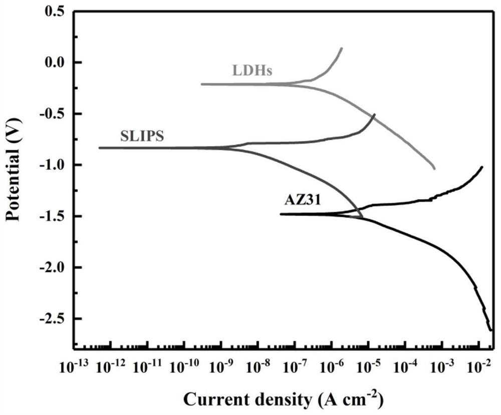 Preparation method and application of SLIPS/LDHs composite film layer on surface of magnesium alloy