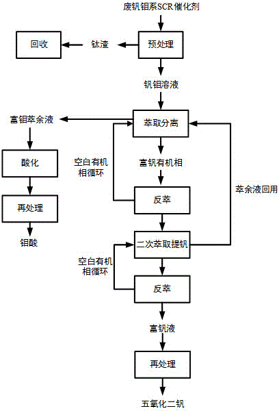 Method for separating and purifying vanadium and molybdenum of waste vanadium-molybdenum SCR (selective catalytic reduction) catalyst