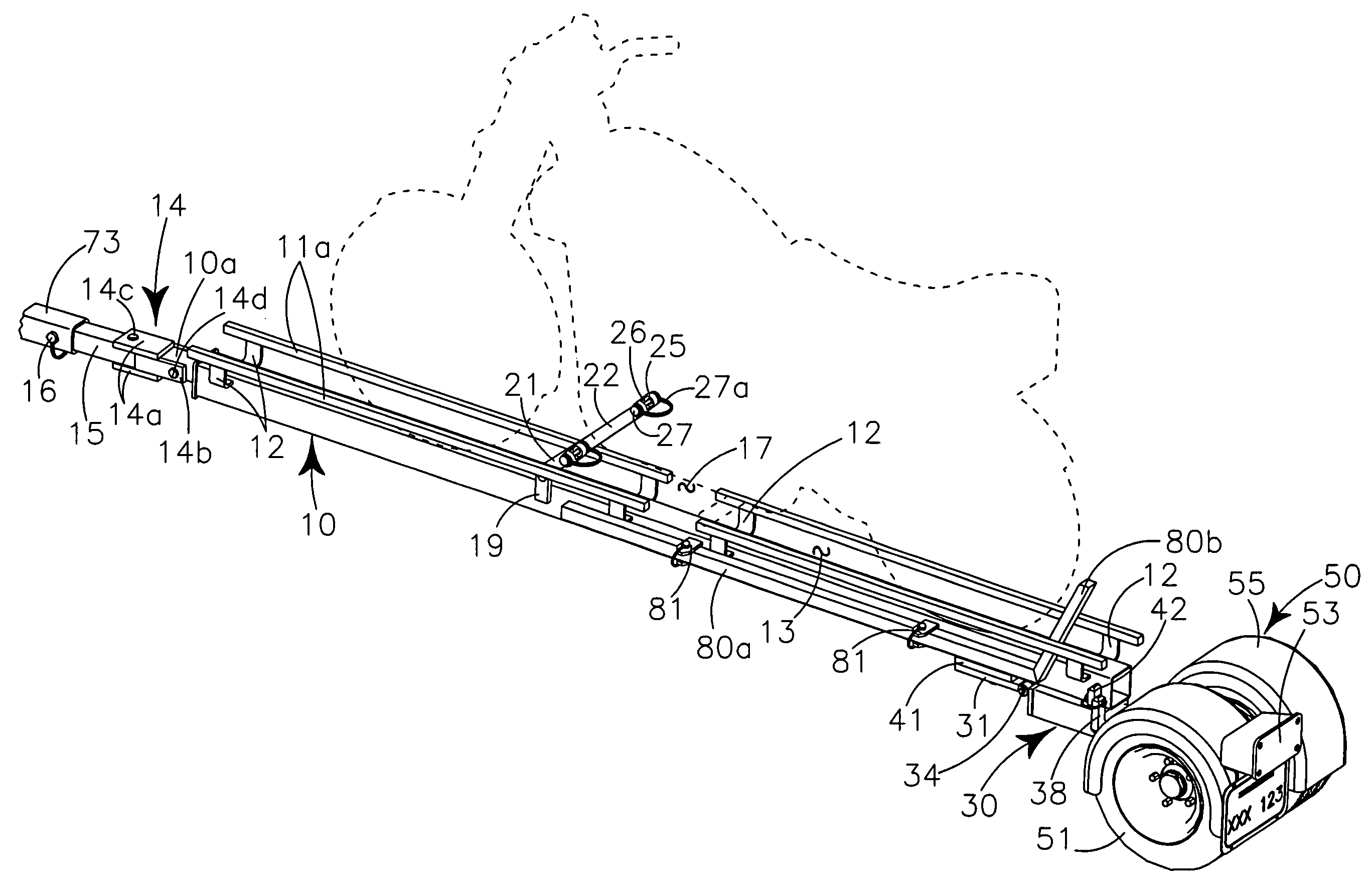 Mono-beam motorcycle trailer and support assembly