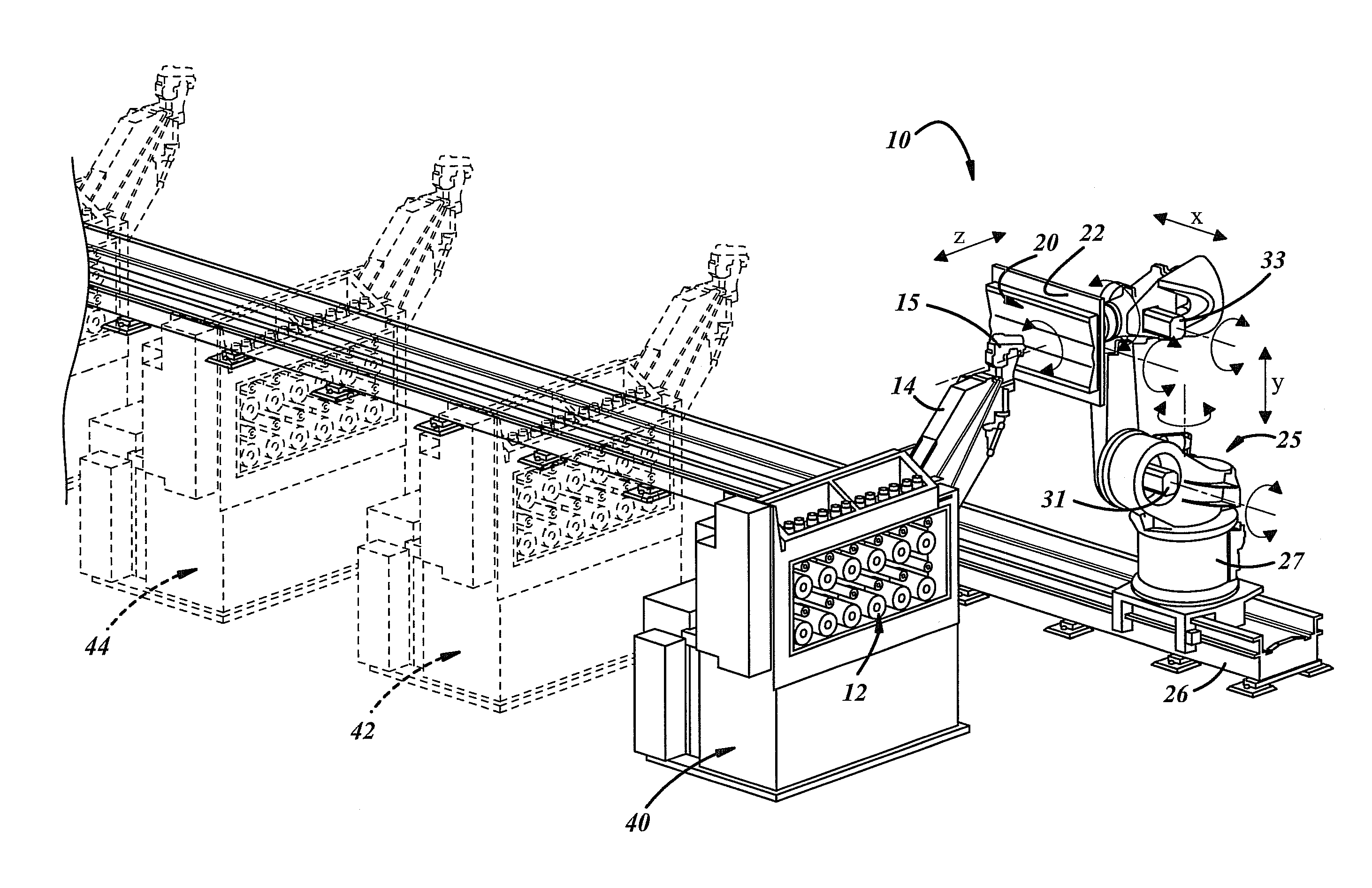 Robotic based fiber placement cell with stationary dispensing head and creel