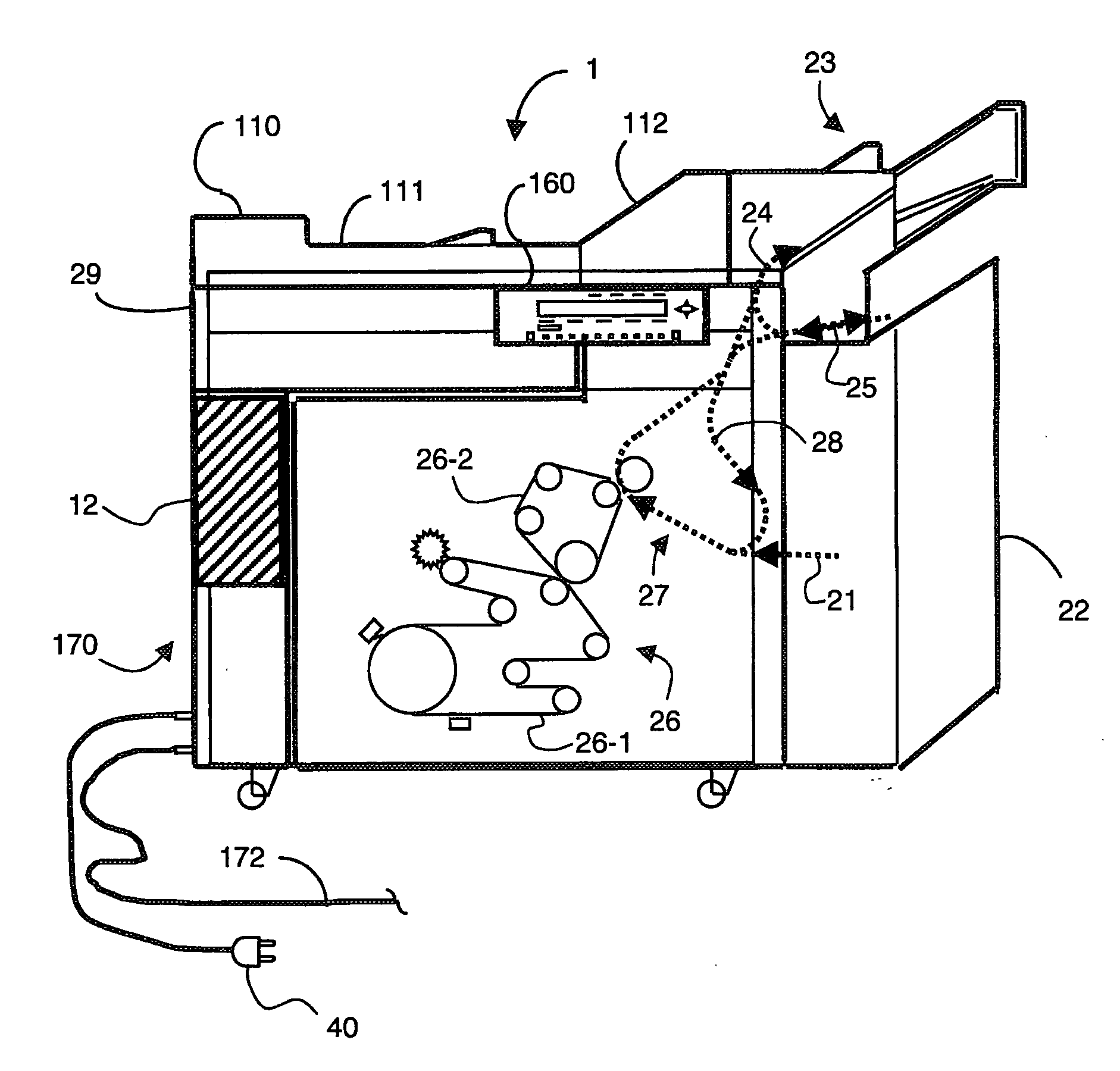 Variable speed printing device with mains overload prevention