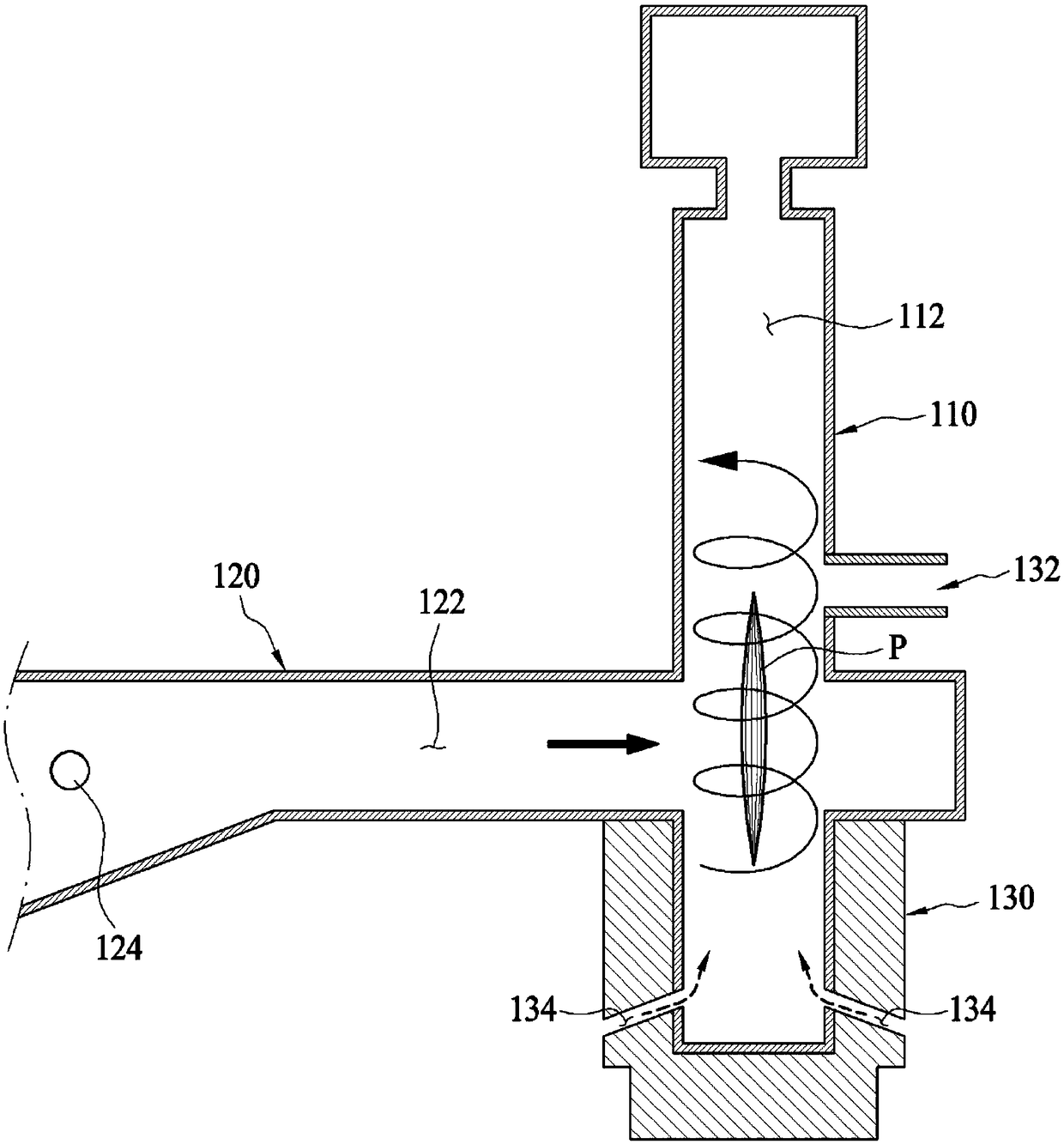 Plasma torch equipped with waveguide in which swirl flow collapses gas supply part