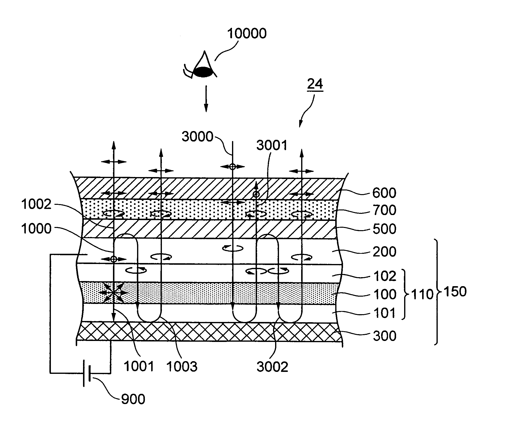 Light-emitting device and light-emitting display with a polarization separator between an emissive layer and a phase plate