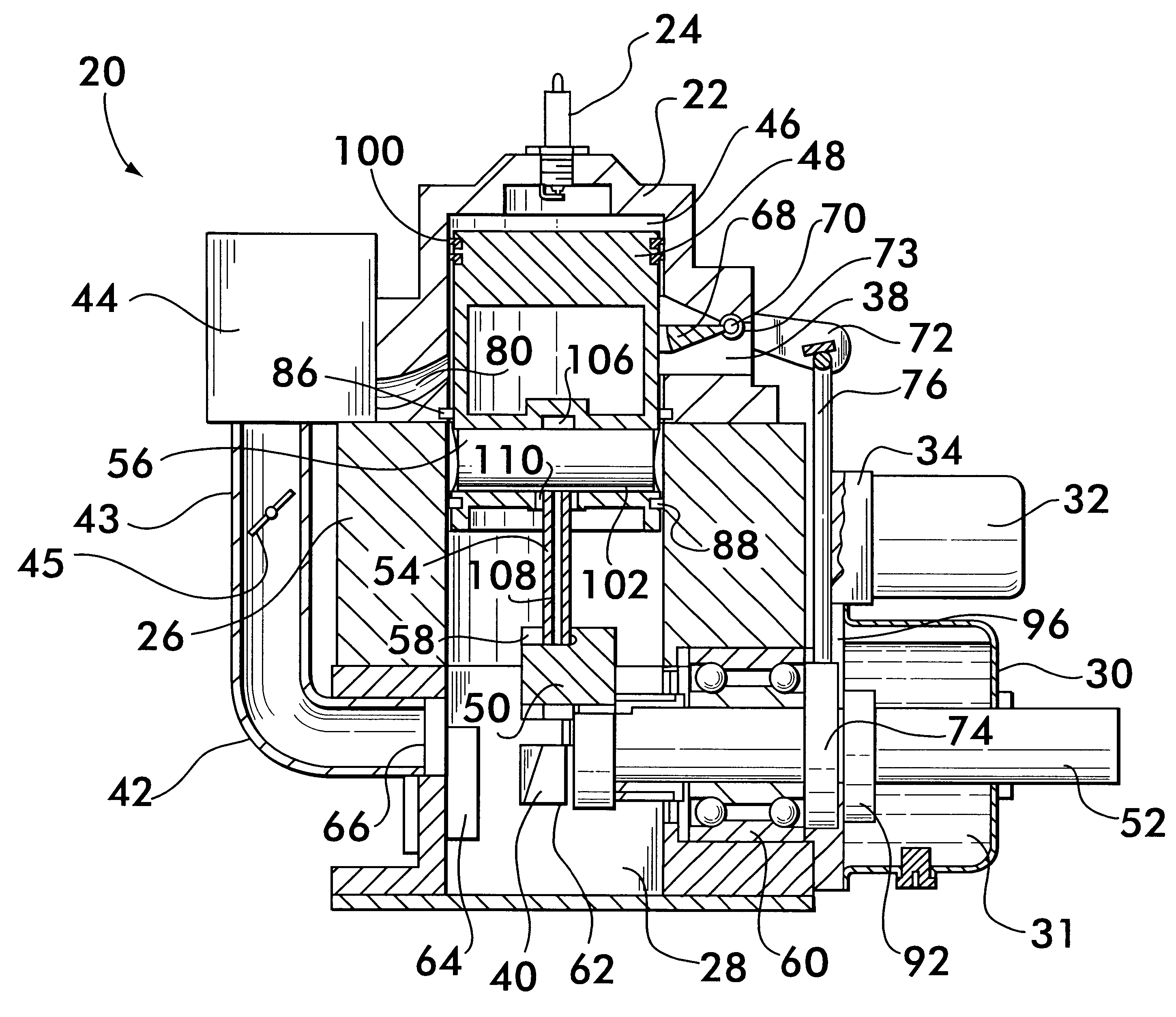 Engine with dry sump lubrication, separated scavenging and charging air flows and variable exhaust port timing