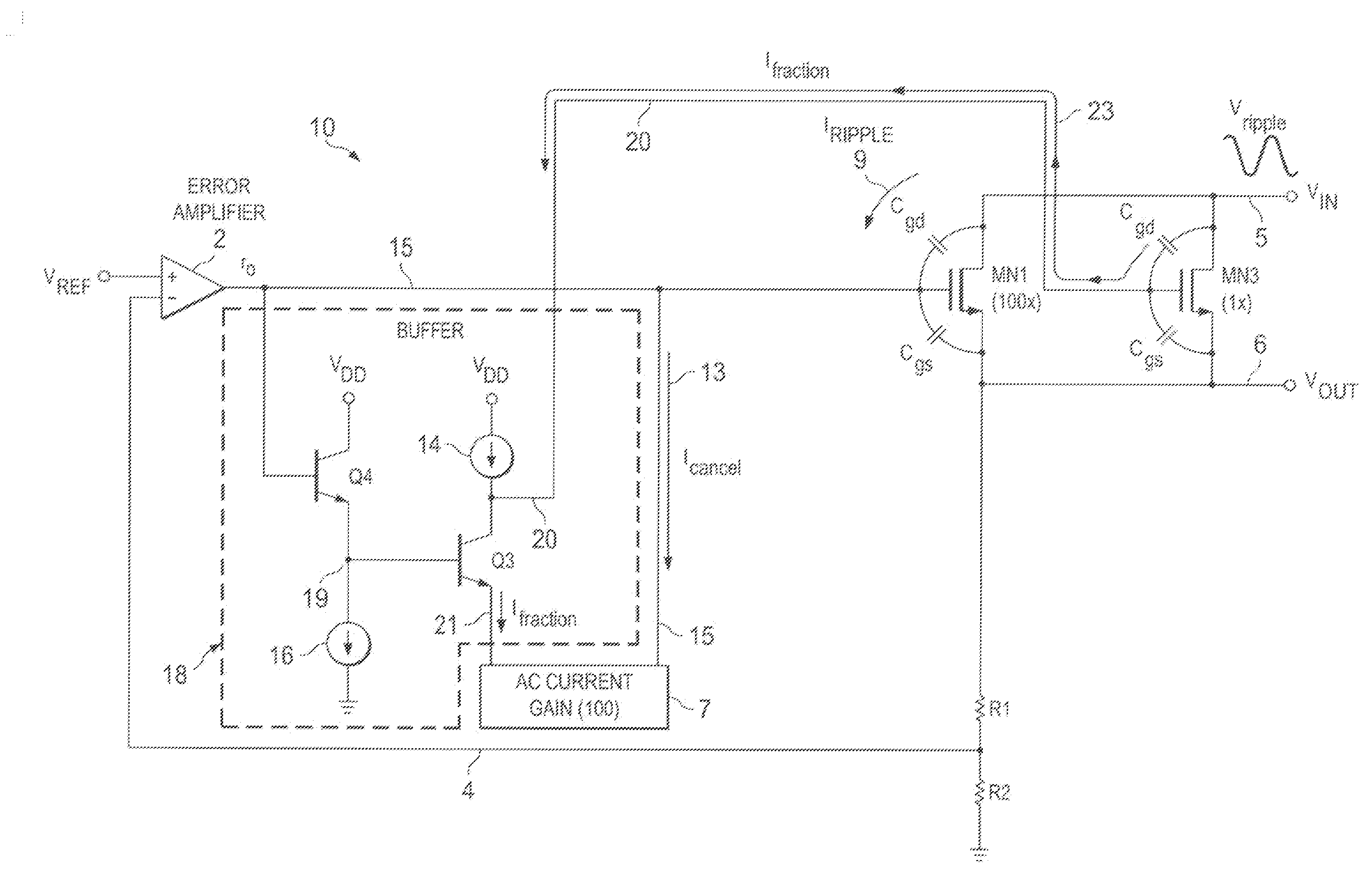 Nmos ldo psrr improvement using power supply noise cancellation