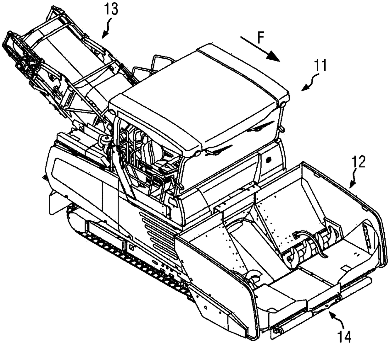 Paver or feeder vehicle with pushing device for a material handover process