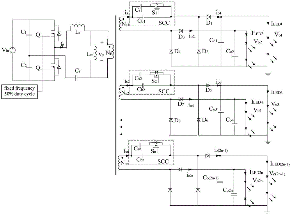 SCC-based independent dimming multi-path light emitting diode (LED) driving circuit capable of current sharing