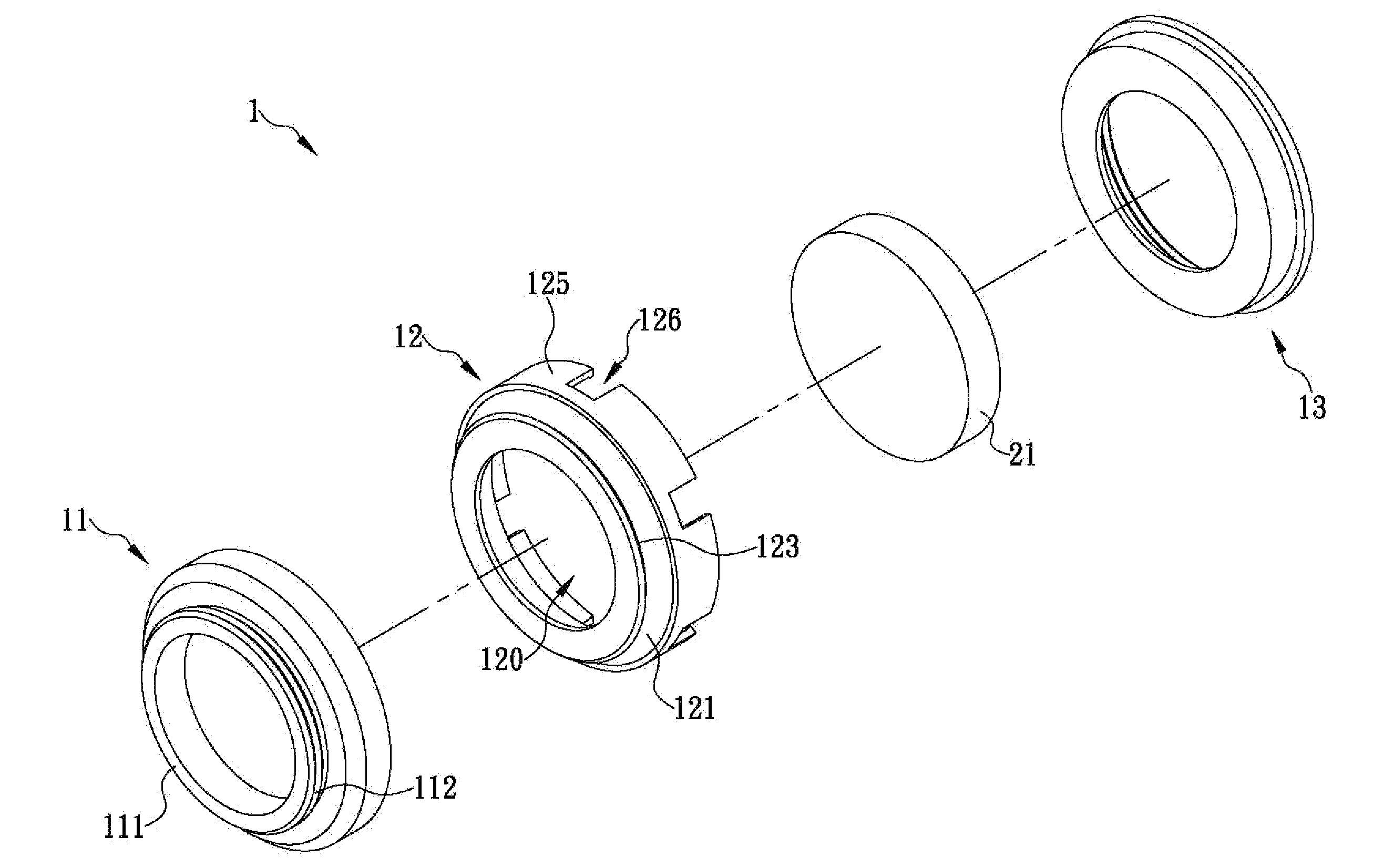 Pivotally connected structure allowing lens replacement and lens angle adjustment