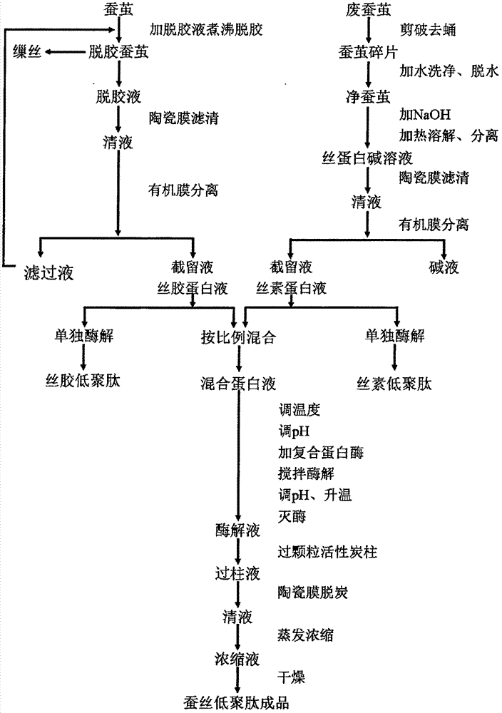 Method for producing oligopeptide by using silkworm cocoon degumming solution and waste silkworm cocoons as raw materials