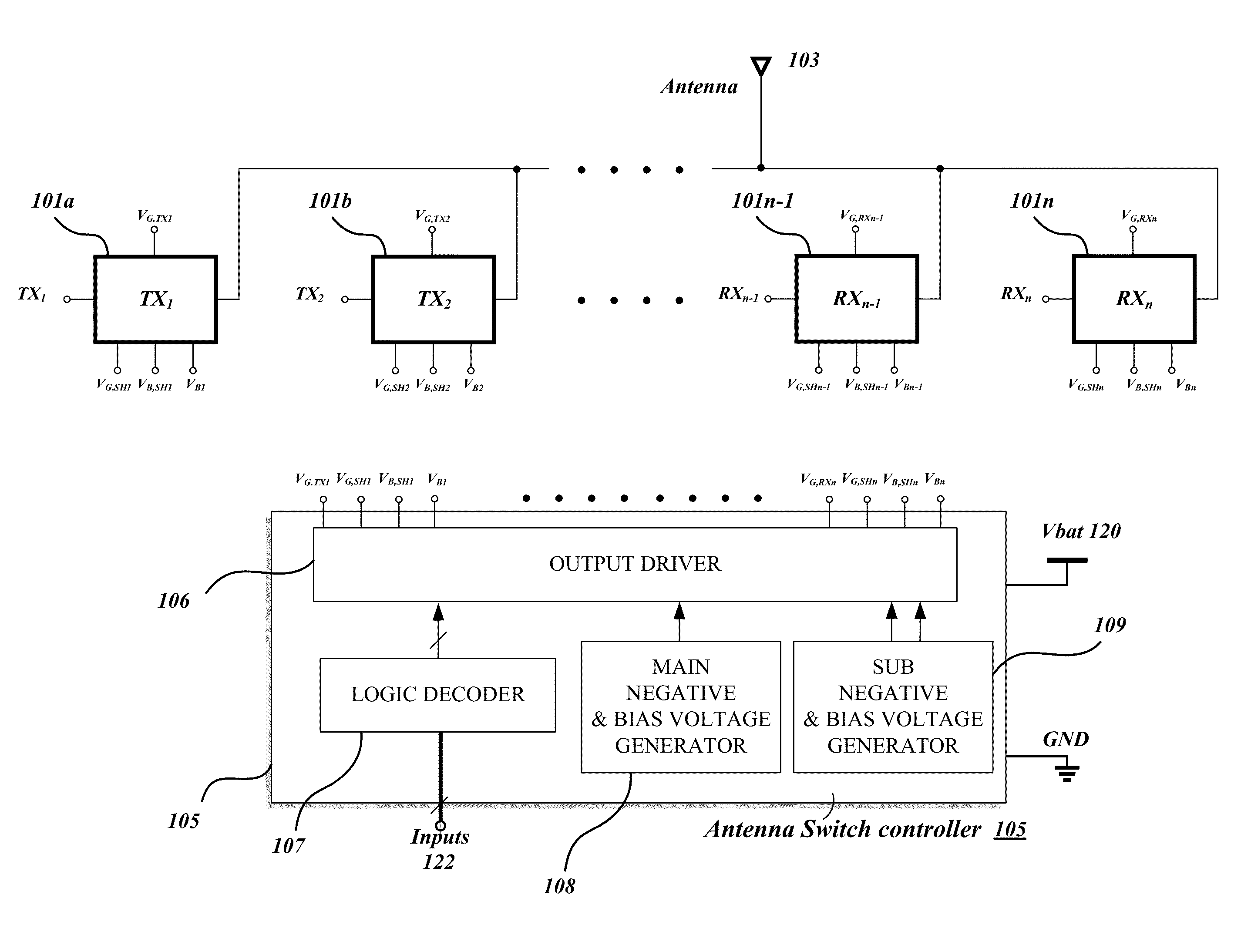 Systems, Methods, and Apparatuses for Negative-Charge-Pump-Based Antenna Switch Controllers Utilizing Battery Supplies