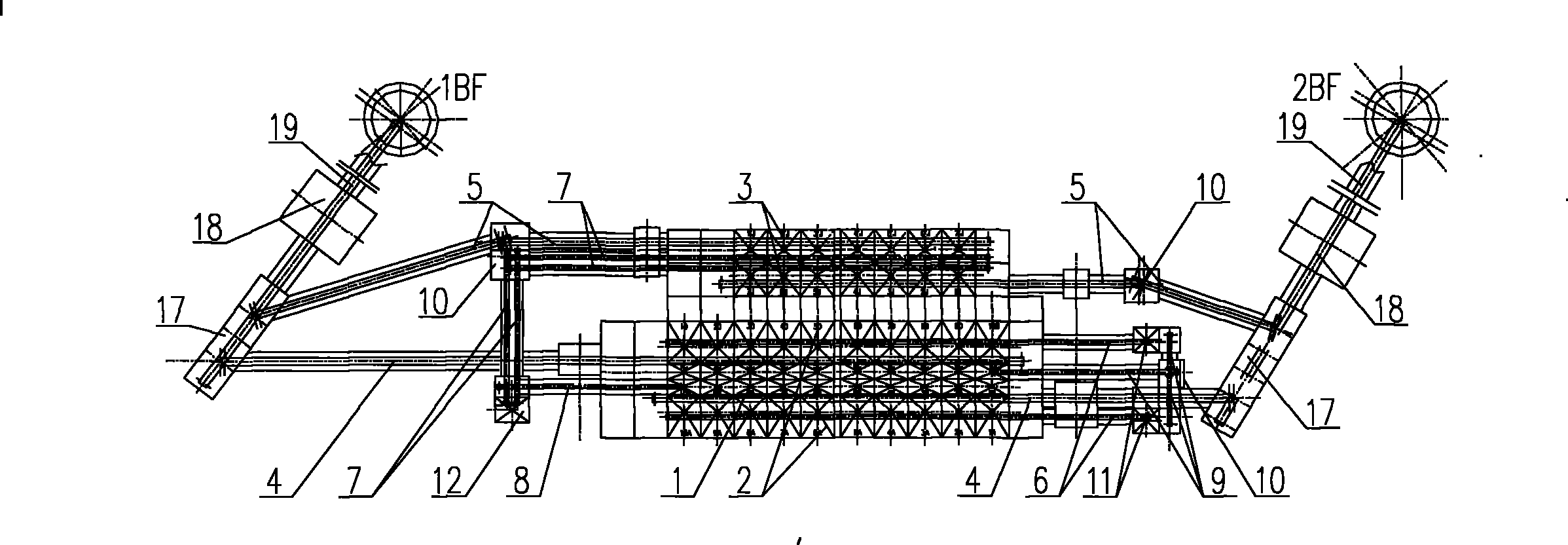 Combination technique arrangement of two coke and ore tank systems