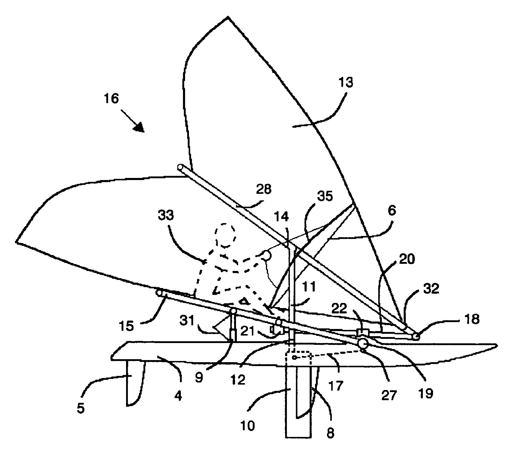 Windsurfing catamaran with dynamic shock dampened rig centering keel and hull support