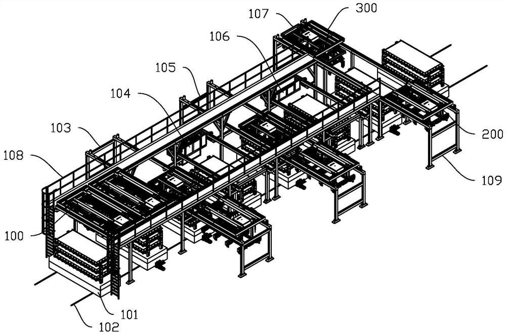 Automatic dust-free foamed ceramic distributing and plate unloading production line