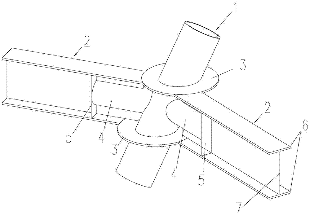 An h-shaped steel structure member and a circular steel column space oblique rigid joint connection node